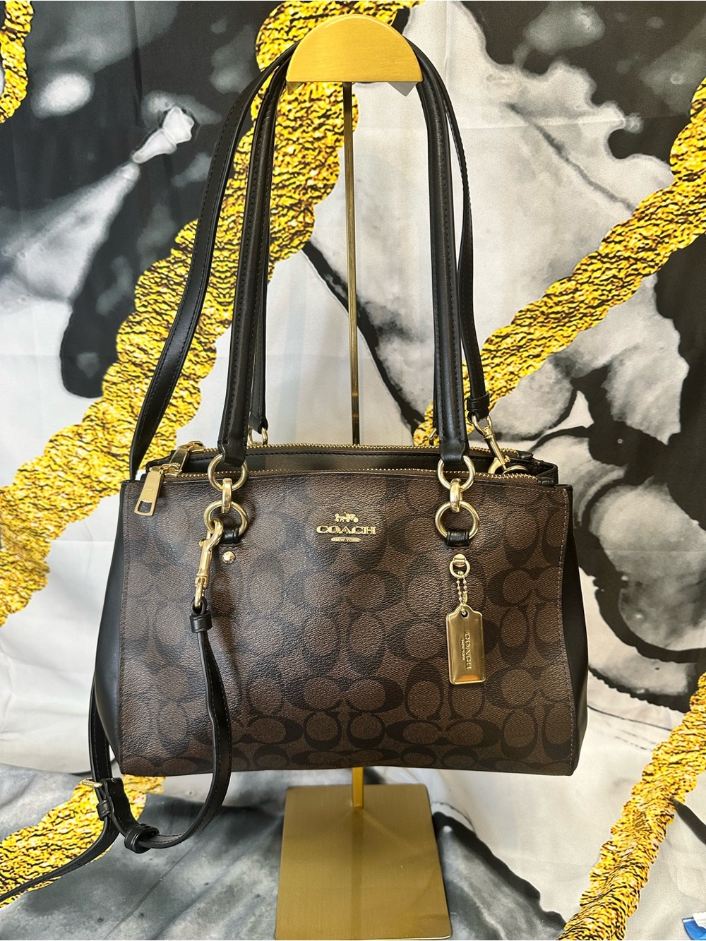 Coach Brown Signature Canvas Tote with Black Leather Trim